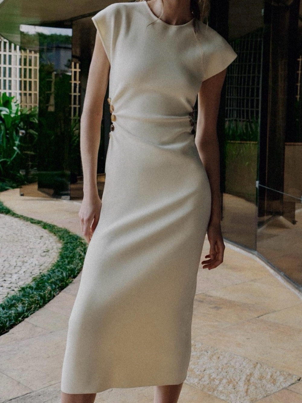 Zara Elegant Cream Midi Sheath Dress with Side cut out Detail